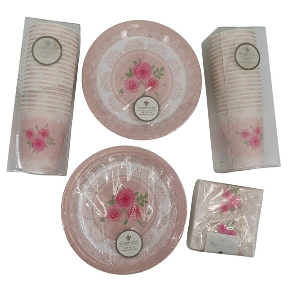 Shabby Chic Other - Shabby Chic Pink Rose Flower White Lace Print Disposable Plates Napkins Cups NEW